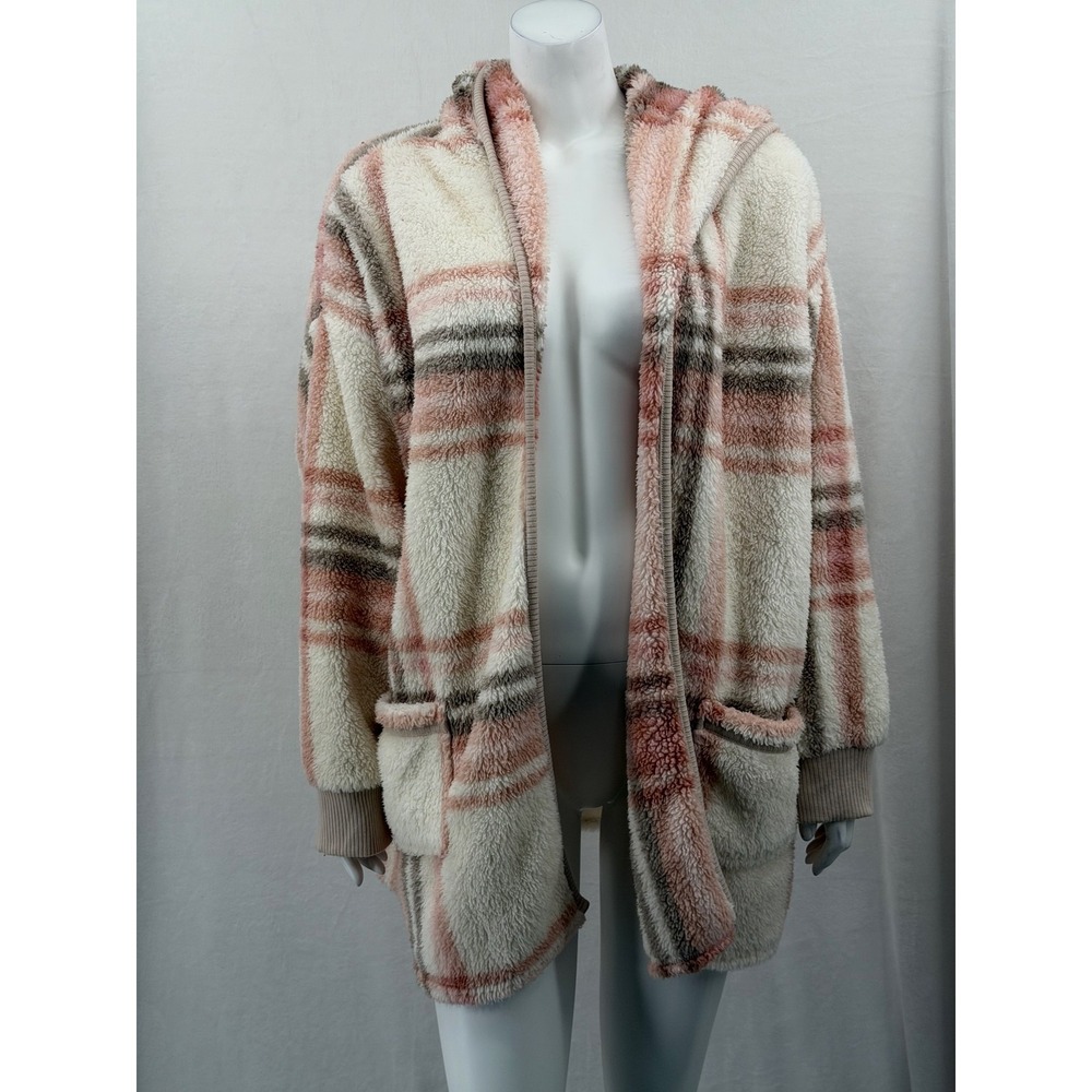 Koolaburra by UGG Cardigan Womens 1X Pink Plaid Hooded Cozy Shaggy Plush Autumn